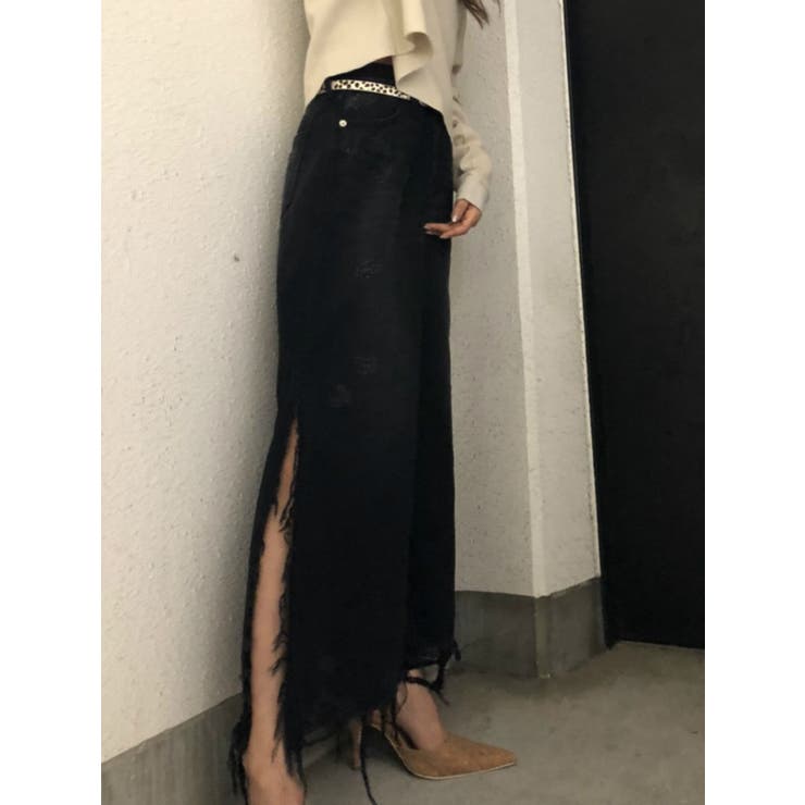 GYDA 新品 ダメージ スリット ロング デニム スカート GYDA（ジェイダ）の「ダメージスリット ロングスカートライク デニム