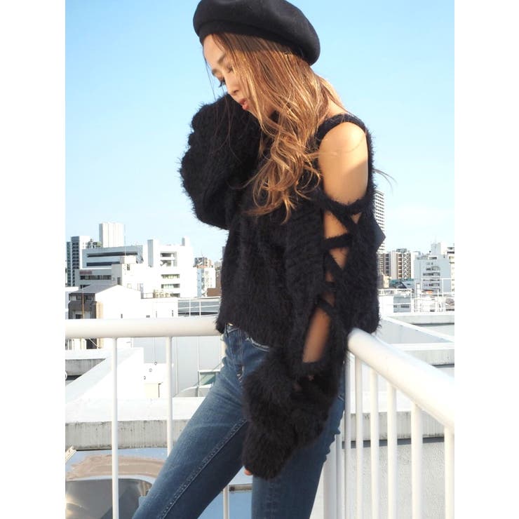レースアップシャギーニットTOPS
