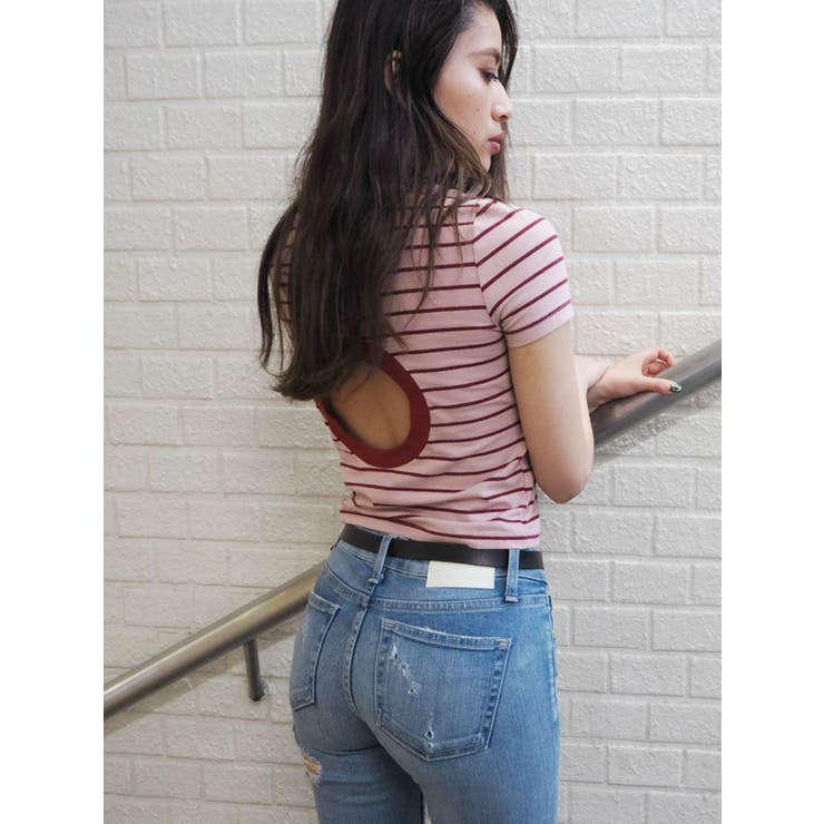 ピンク | BACK OPENショートボーダーTシャツ | GYDA