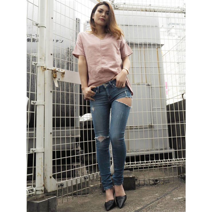 VネックデザインスラブTシャツ | GYDA | 詳細画像3 