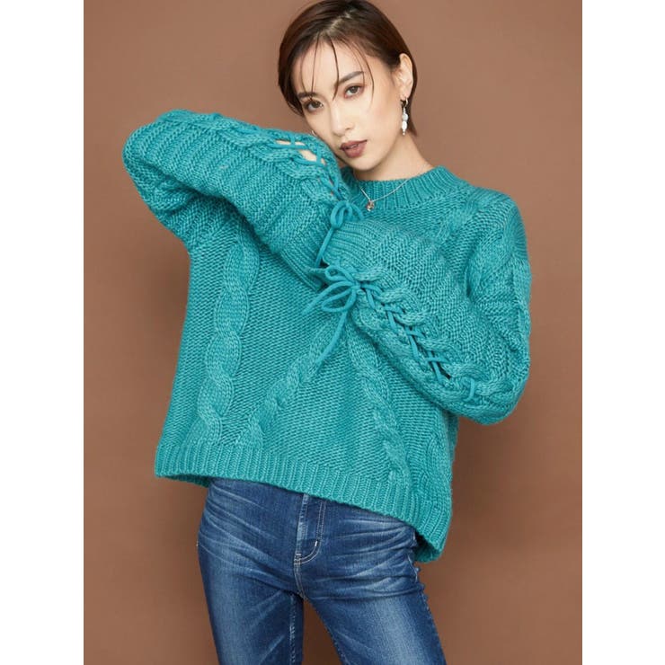 未使用級✨ADEAM リボンレース ジップニットフーディー ダブルジップ セール】レースアップバイカラーリブニット（ニット/セーター