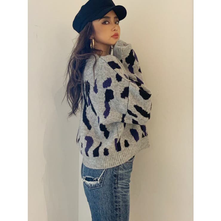 カラーレオパードジャガードニットトップス | GYDA | 詳細画像1 
