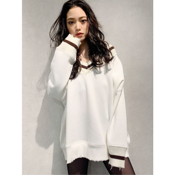 Vネックダメージスウェットプルオーバー[品番：MKSW0028509]｜GYDA