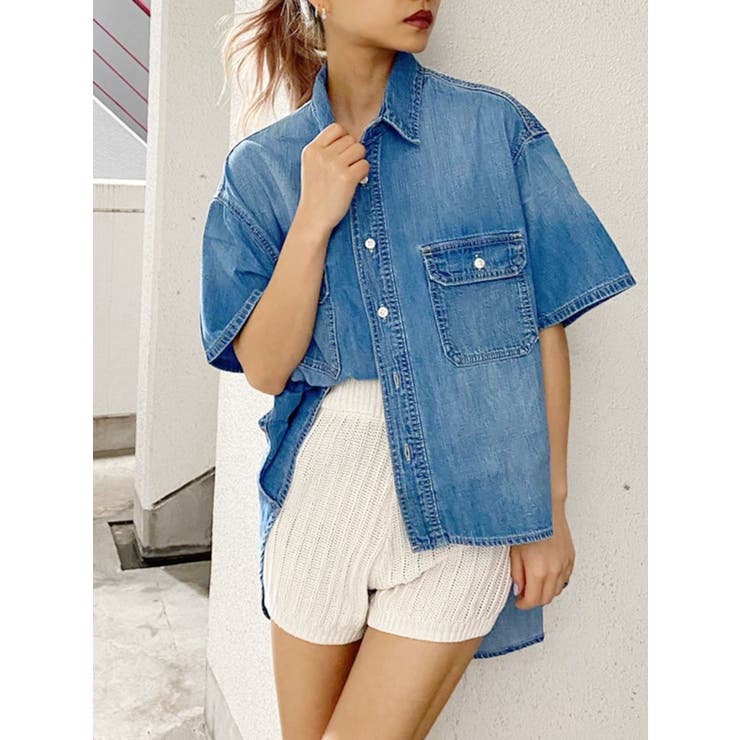 バックロングハーフスリーブデニムシャツ[品番:MKSW0030326 バックロングハーフスリーブデニムシャツ[品番:MKSW0030326