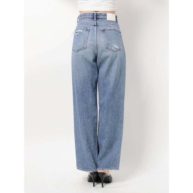 KNEEダメージハイウエストワイドストレートデニムパンツ[品番