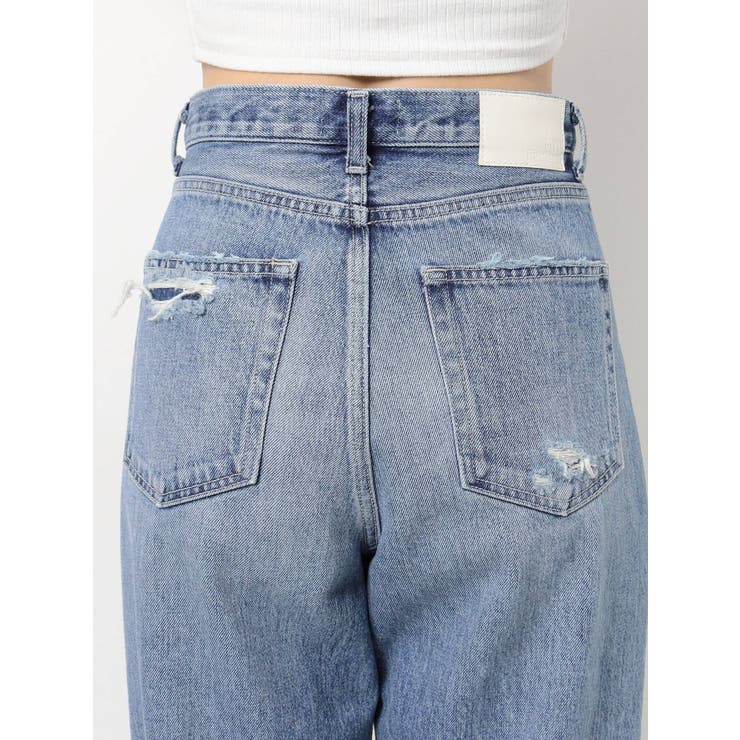 KNEEダメージハイウエストワイドストレートデニムパンツ[品番