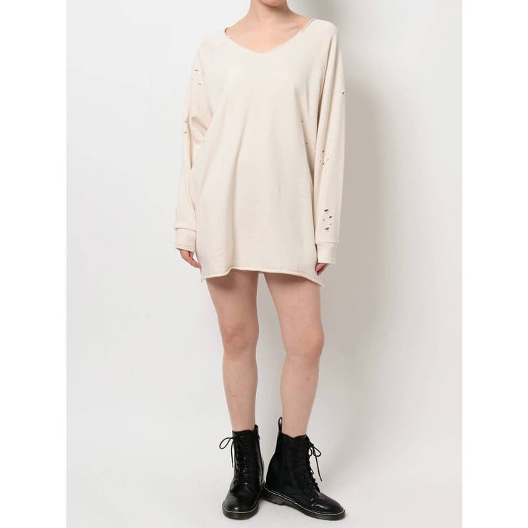 WEB限定】Vネックダメージカットスウェットワンピース[品番 WEB限定】Vネックダメージカットスウェットワンピース[品番