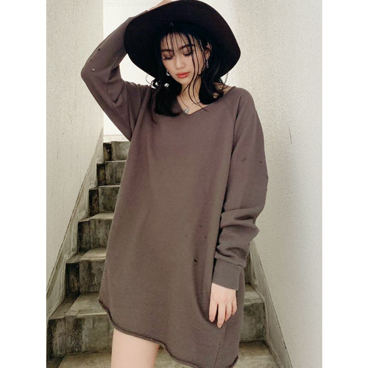 WEB限定】Vネックダメージカットスウェットワンピース[品番