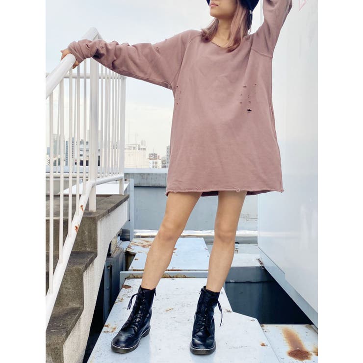 WEB限定】Vネックダメージカットスウェットワンピース[品番