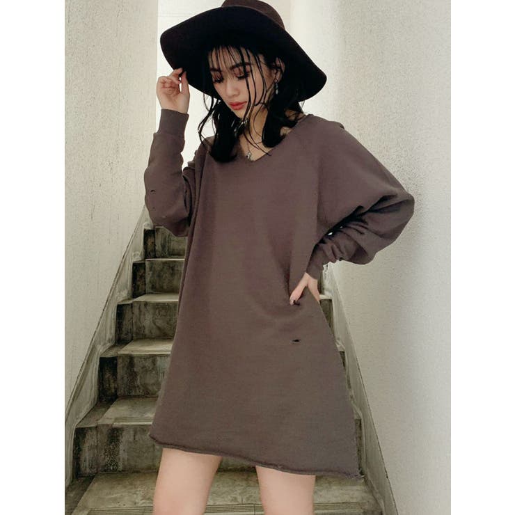 WEB限定】Vネックダメージカットスウェットワンピース[品番