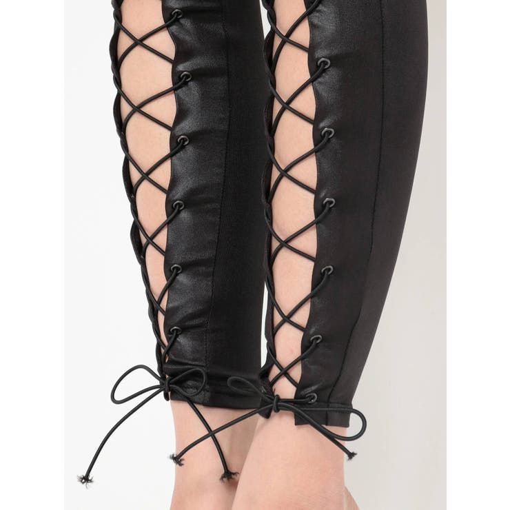 ▼美品✨シェアースピリット【36】レースアップ レギンスパンツ 細身 光沢 黒 フロントレースUPレギンス[品番：MKSW0031940]｜GYDA（ジェイダ