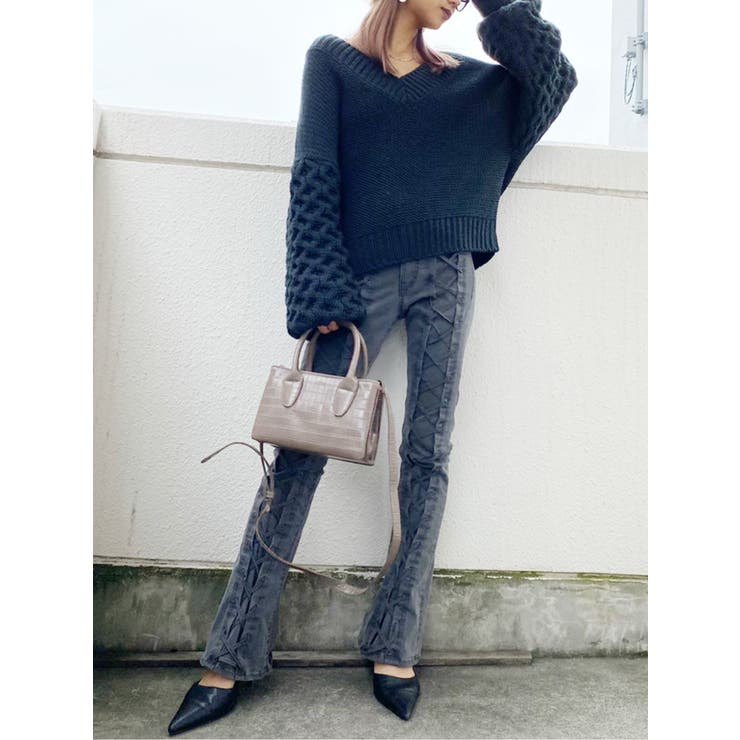 d.i.a./新品タグ付きレースアップフレアデニムパンツ/ブラックMダイヤ