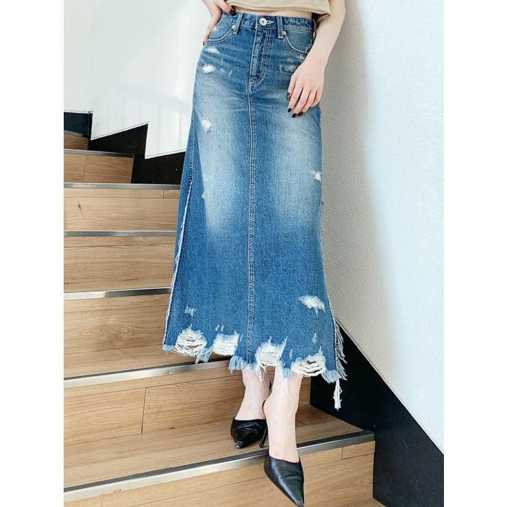 NEWサイドスリットデニムロングスカート[品番：MKSW0034787