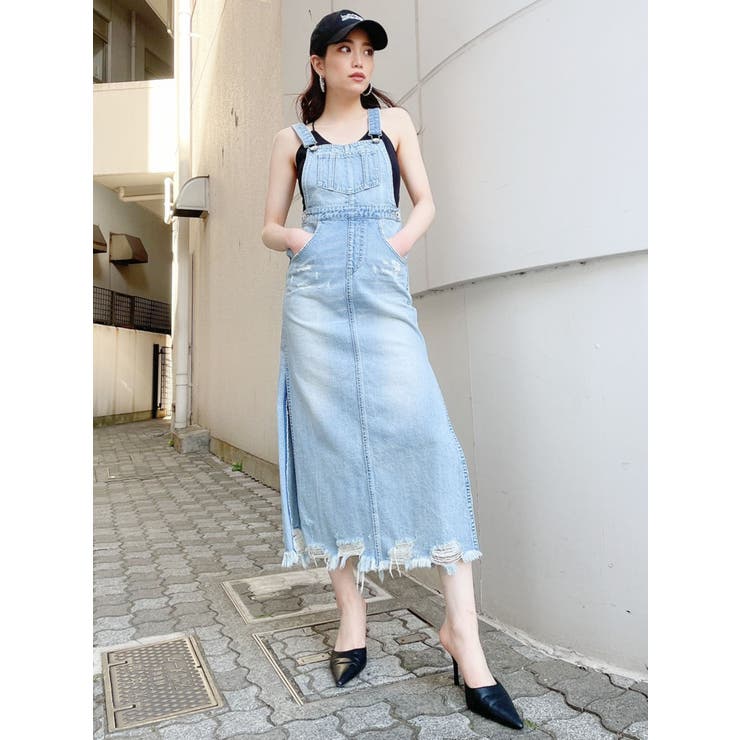 GYDA　ジェイダ　サイドカット　デニムサロペット　S SIDE RIPPEDスキニーデニムサロペ[品番：MKSW0042590]｜GYDA