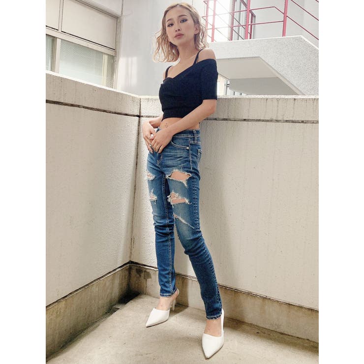 GYDA ストーンデニムパンツ スキニー Mサイズ GYDA M/W TRIANGLEダメージスキニーデニムパンツ（ブルー） -靴