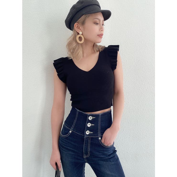 フリルノースリーブニット TOPS[品番：MKSW0036624]｜GYDA