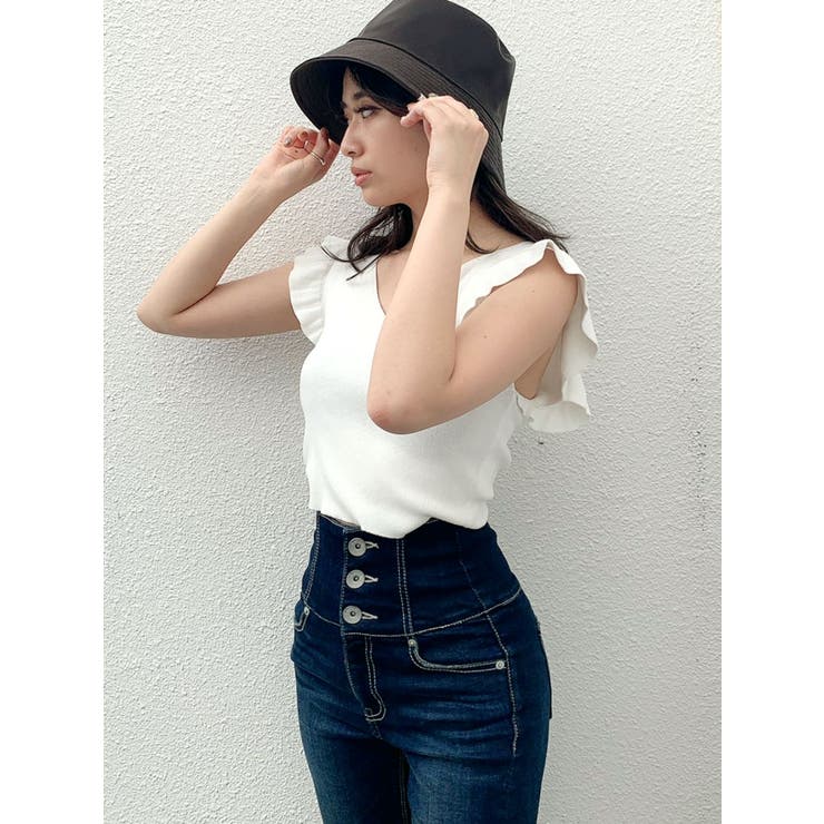 フリルノースリーブニット TOPS[品番：MKSW0036624]｜GYDA
