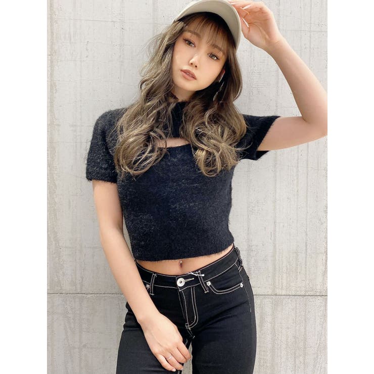フロントOPENハーフスリーブシャギーニット TOPS[品番