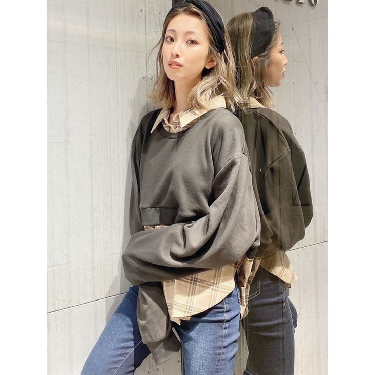 レイヤード トレーナー スウェット 韓国 チェックシャツ hr6170 ロゴ トレーナー レディース 韓国 ファッション チェック ビッグ