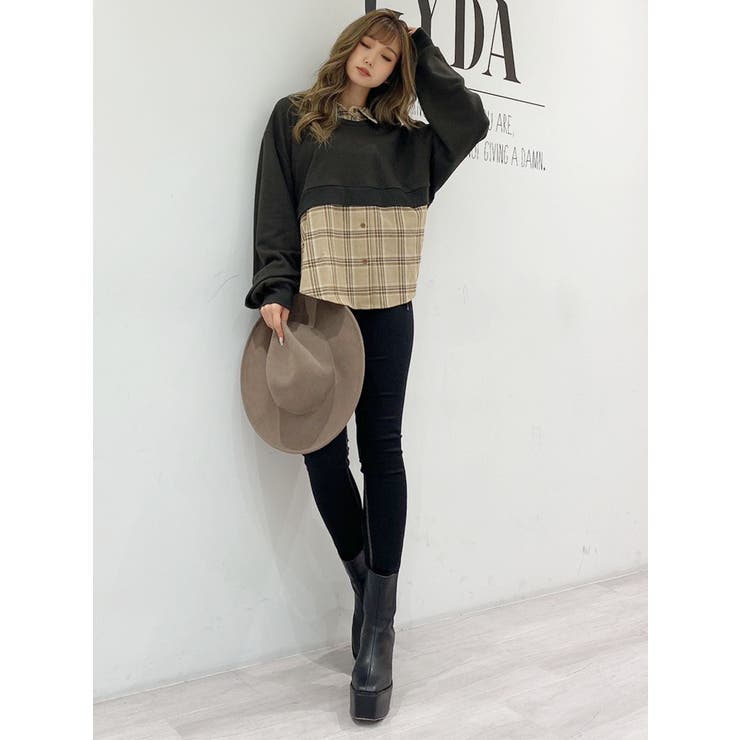 WEB限定】チェックシャツレイヤードスウェットTOPS[品番