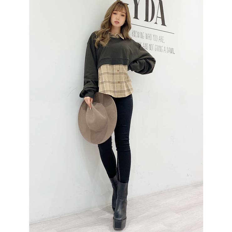 WEB限定】チェックシャツレイヤードスウェットTOPS[品番