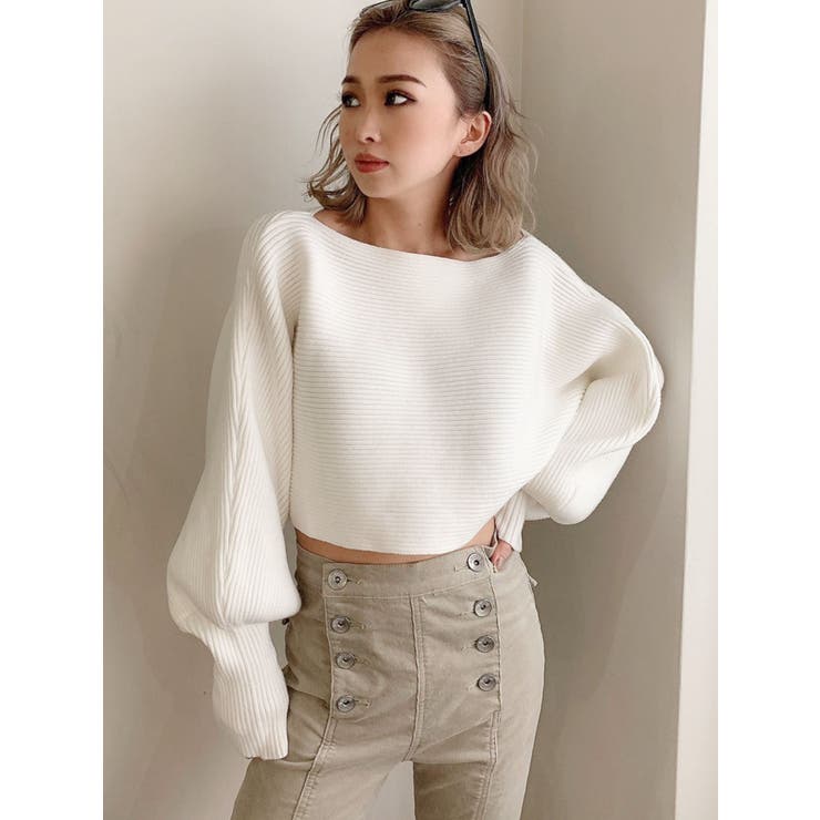 スラッシュドネックショートリブニットTOPS[品番：MKSW0039131
