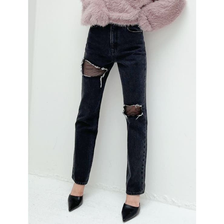 FISHNET TIGHTSデザインストレートデニムパンツ | GYDA | 詳細画像9 