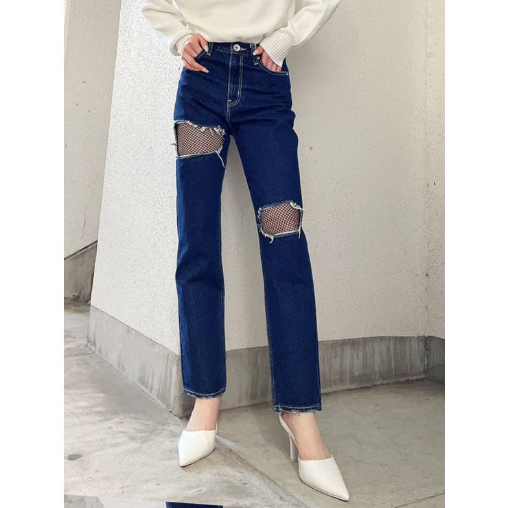 インディゴ | FISHNET TIGHTSデザインストレートデニムパンツ | GYDA