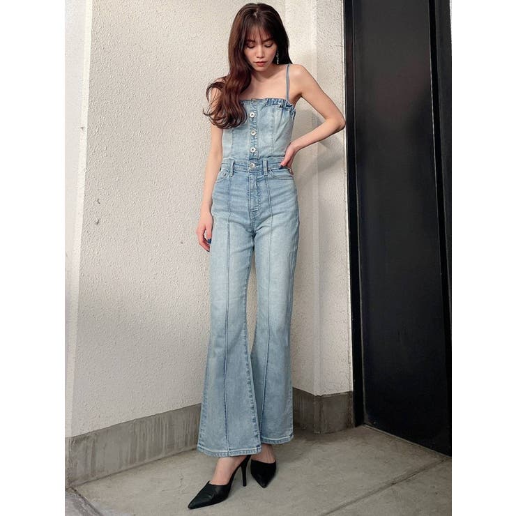 【土日限定値下げ】GYDA デニムロンパース セール】ケミカルBACKリボンデニムロンパース（サロペット