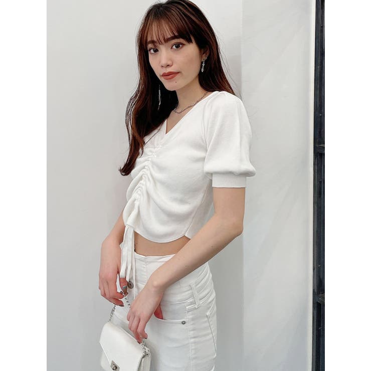 FRONTギャザーハーフスリーブニット TOPS[品番：MKSW0043029