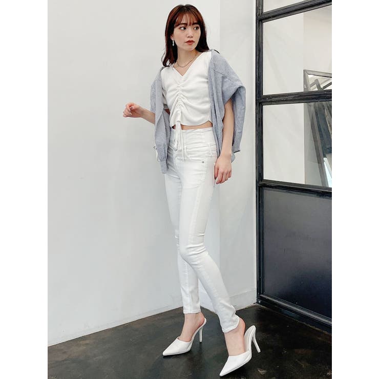 FRONTギャザーハーフスリーブニット TOPS[品番：MKSW0043029