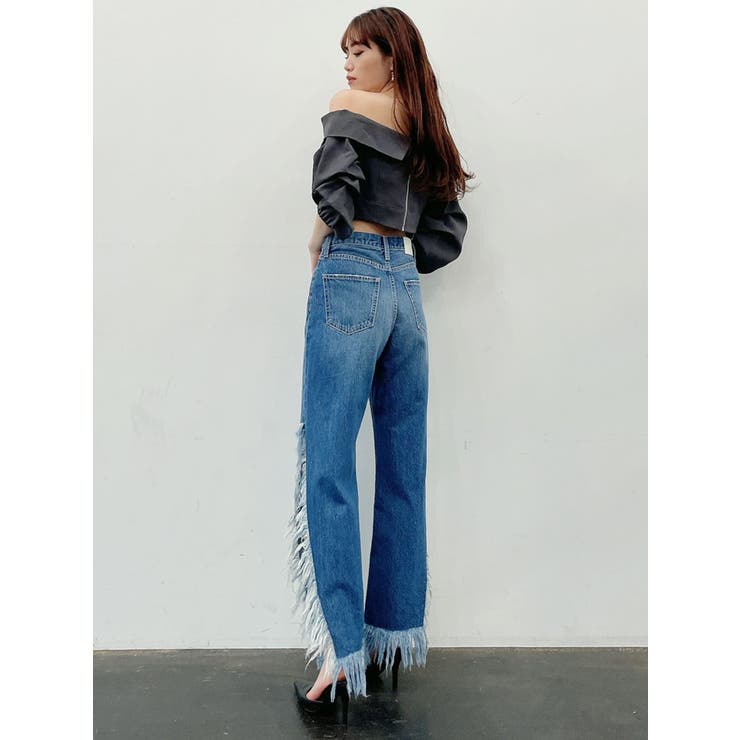 GIDEAL フリンジデニムセットアップ　size2 ジャケット＆パンツ フリンジZIPワイドストレートデニムパンツ（デニムパンツ