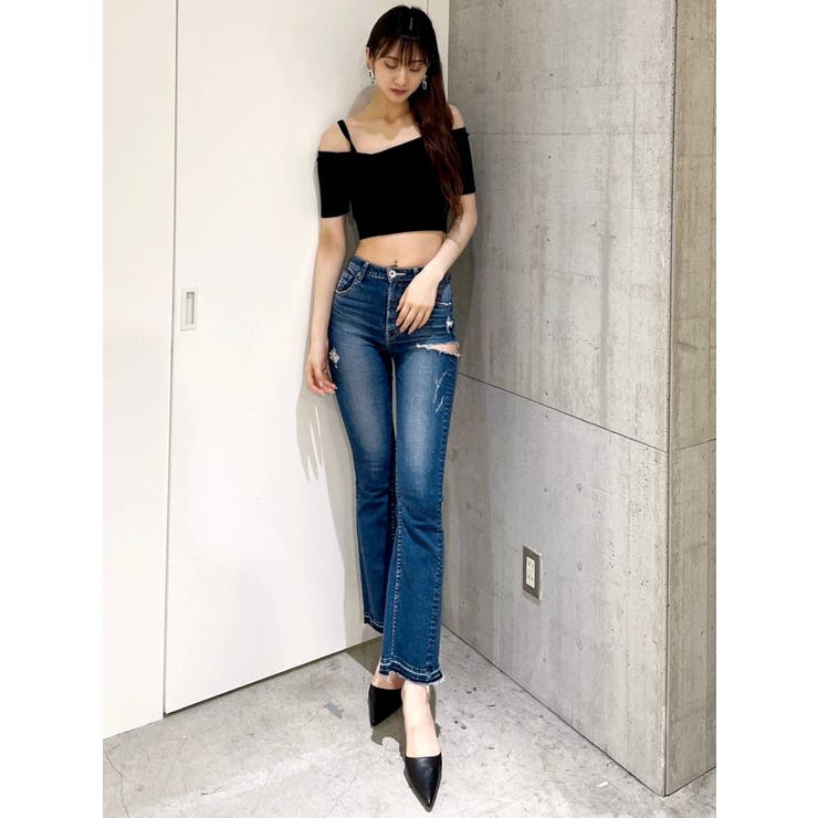 H/W SIDERIPPED SHAPELY LINEフレアデニムパンツ[品番