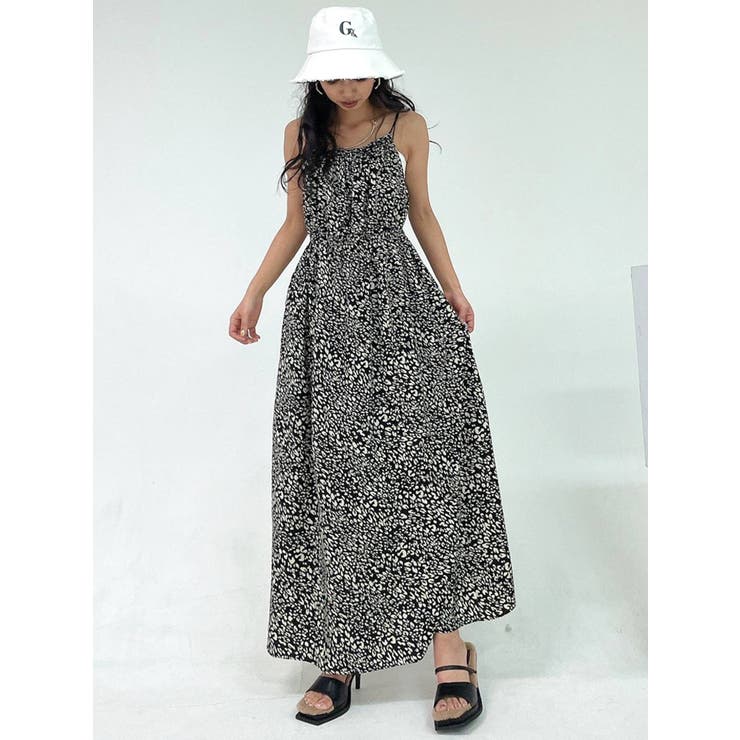 ギャザーデザイン レオパードロングワンピース[品番：MKSW0045170