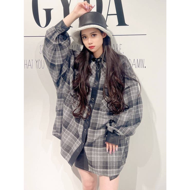 フェイクレザードッキングCHECKシャツ[品番：MKSW0045888]｜GYDA