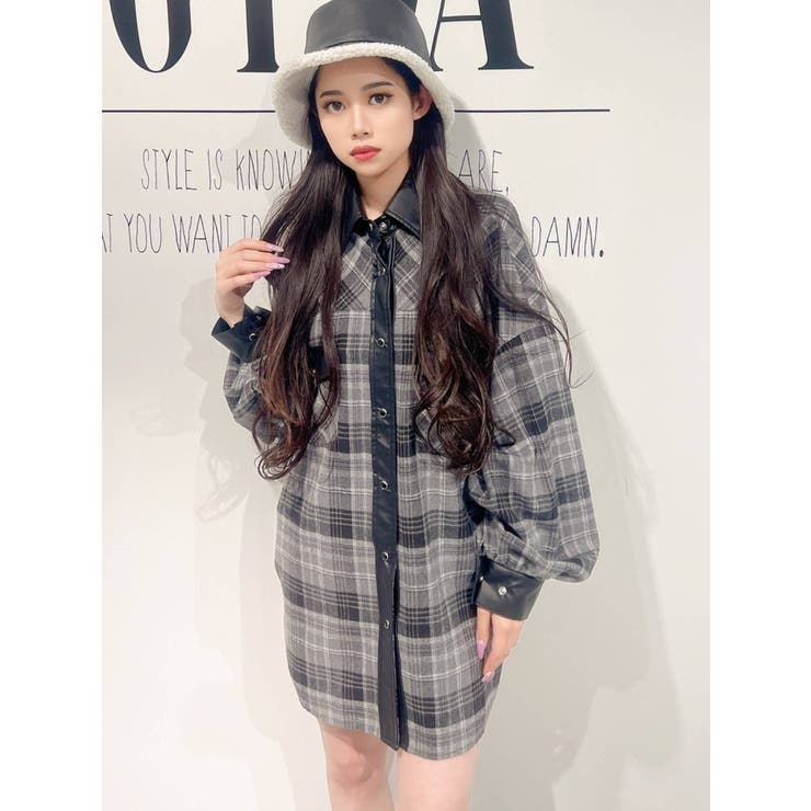 フェイクレザードッキングCHECKシャツ[品番：MKSW0045888]｜GYDA
