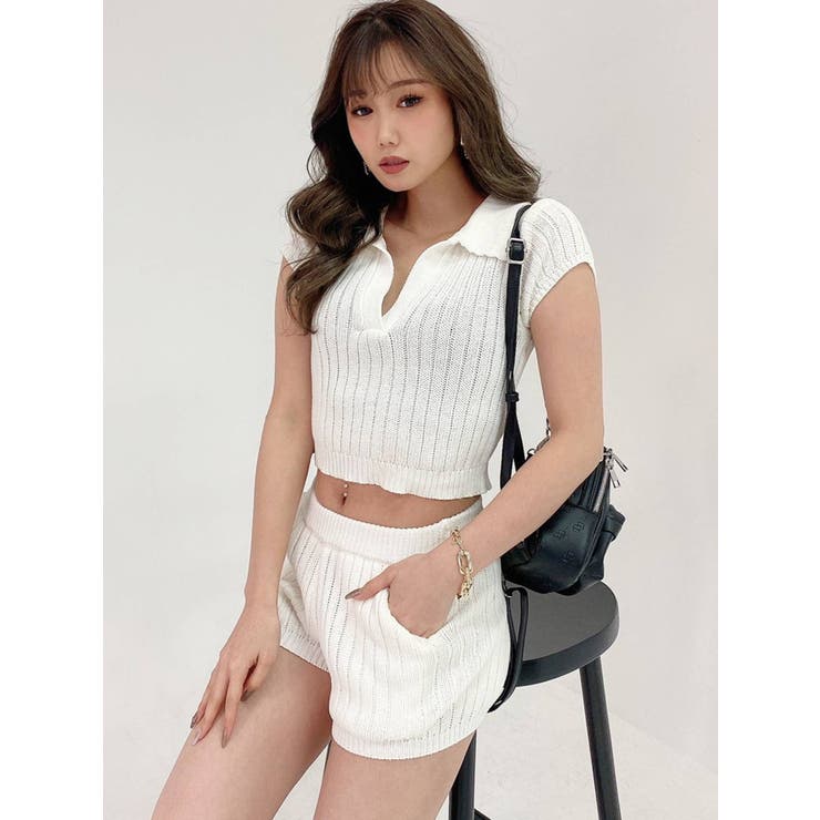boohoo MAN クロシェルック ストライプ ポロ & ショート セット セットアップ】ブリーチショート ポロニットトップス[品番