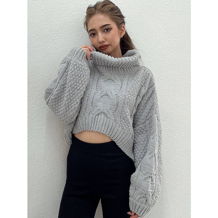 タートルネック モールヤーンケーブルショートニットトップス[品番