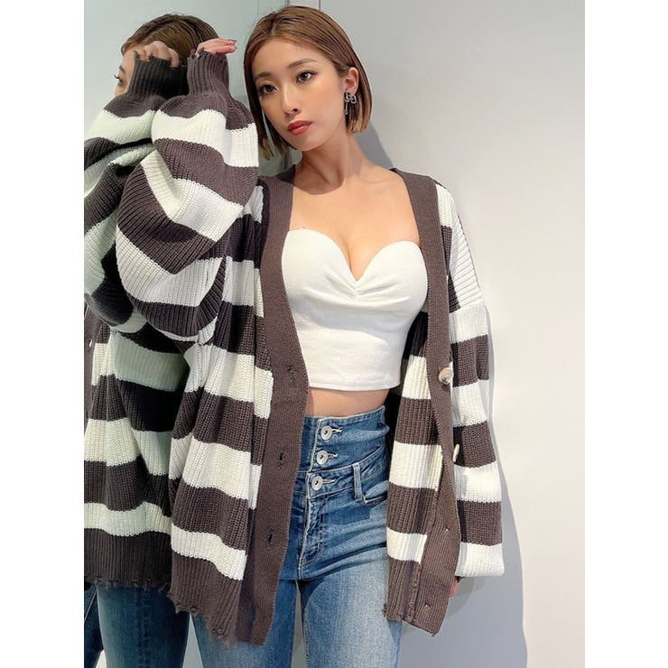 チャコールグレー | ボーダー LOOSEニットカーディガン | GYDA