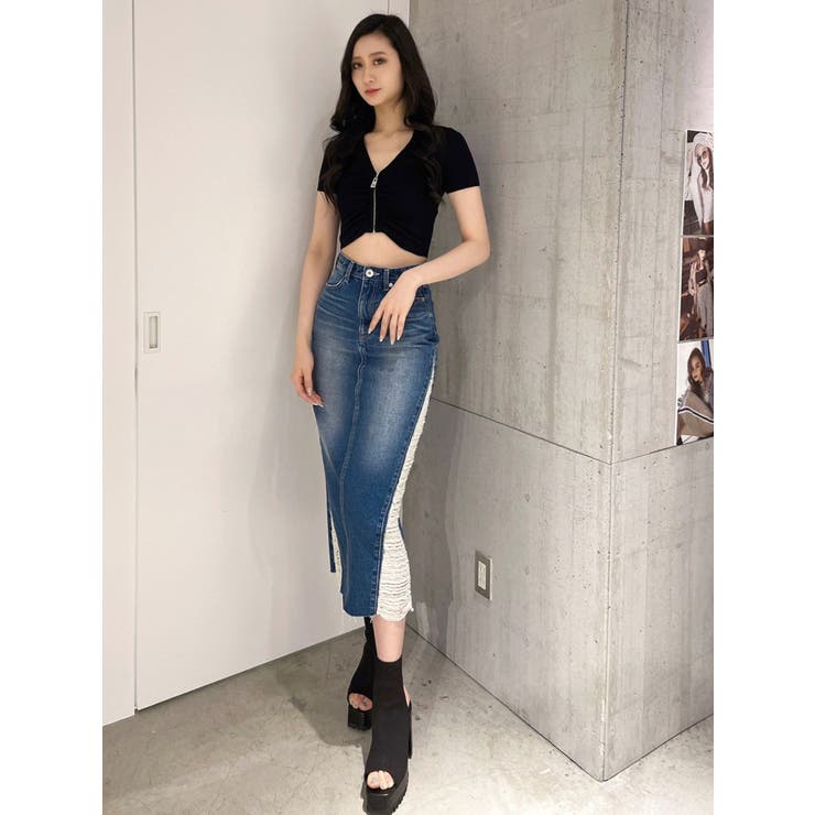 H/WサイドクラッシュSWITCHINGデニムLONGスカート[品番