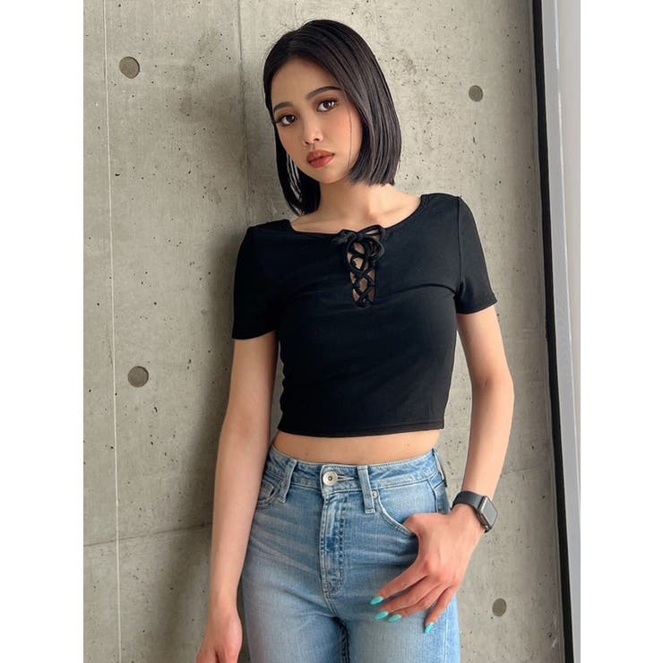 2色 セットアップ 2点 短丈 Tシャツ レースアップ キャミソール 2WAYレースアップショートTシャツ[品番：MKSW0050865]｜GYDA
