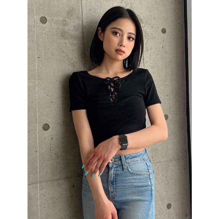 2色 セットアップ 2点 短丈 Tシャツ レースアップ キャミソール 2WAYレースアップショートTシャツ[品番：MKSW0050865]｜GYDA