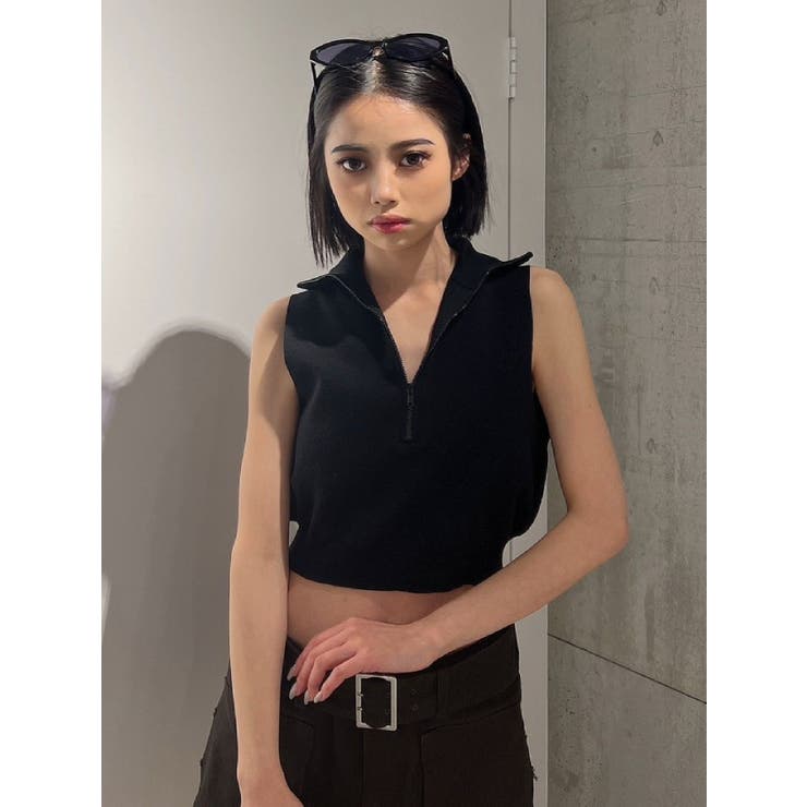 ブラック | ハーフZIPノースリニットTOPS | GYDA