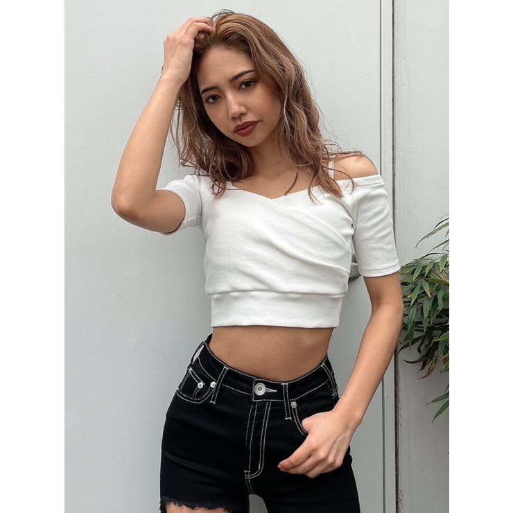 即日発送！GYDA ハーフスリーブカシュクールオフショルショートTOPS BK 即日発送！GYDA ハーフスリーブカシュクールオフショルショート