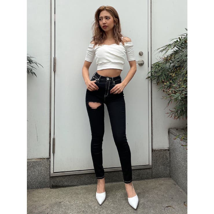 ハーフスリーブカシュクールオフショルショートTOPS[品番