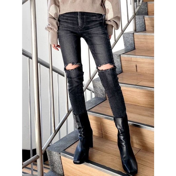 M/W HOLY KNEE DAMAGEスキニーデニムパンツ[品番:MKSW0053150 M/W HOLY KNEE DAMAGEスキニーデニムパンツ[品番:MKSW0053150