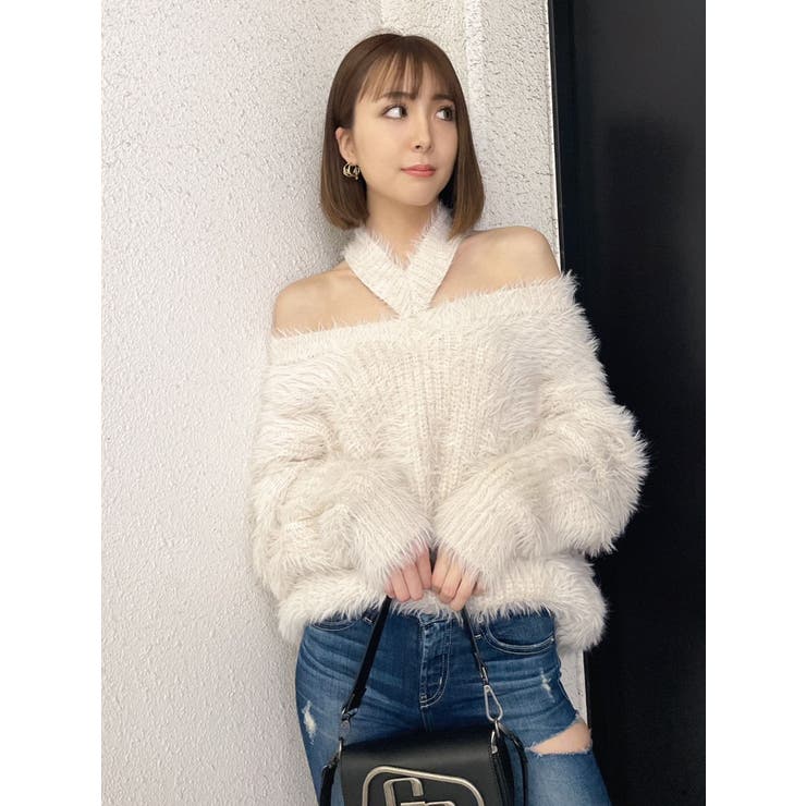 オフショルシャギーチョーカーニット TOPS[品番：MKSW0052580