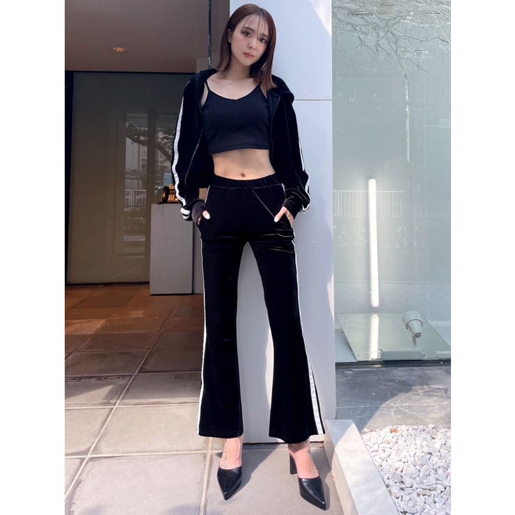 ラインベロアショートフーディー バイカラーコードベロアワイドパンツ ダーリッチラインベロアショートフーディバイカラーコードベロア