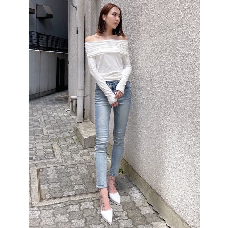 ミドルウエスト アシンメトリーデザイン スキニーデニムパンツ[品番 