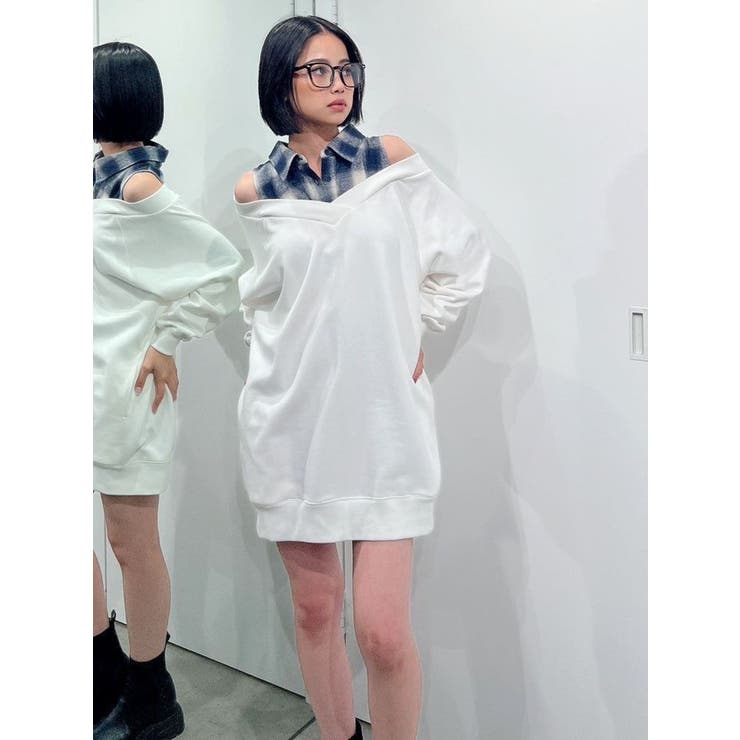 オフショルダー ドッキングワンピース ジャケット rienda | 2WAYオフショルダービッグカラーニットワンピース
